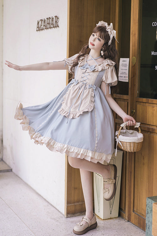 Sweet Lolita OP Dress - Puff Sleeve, Bowknot, High Waist