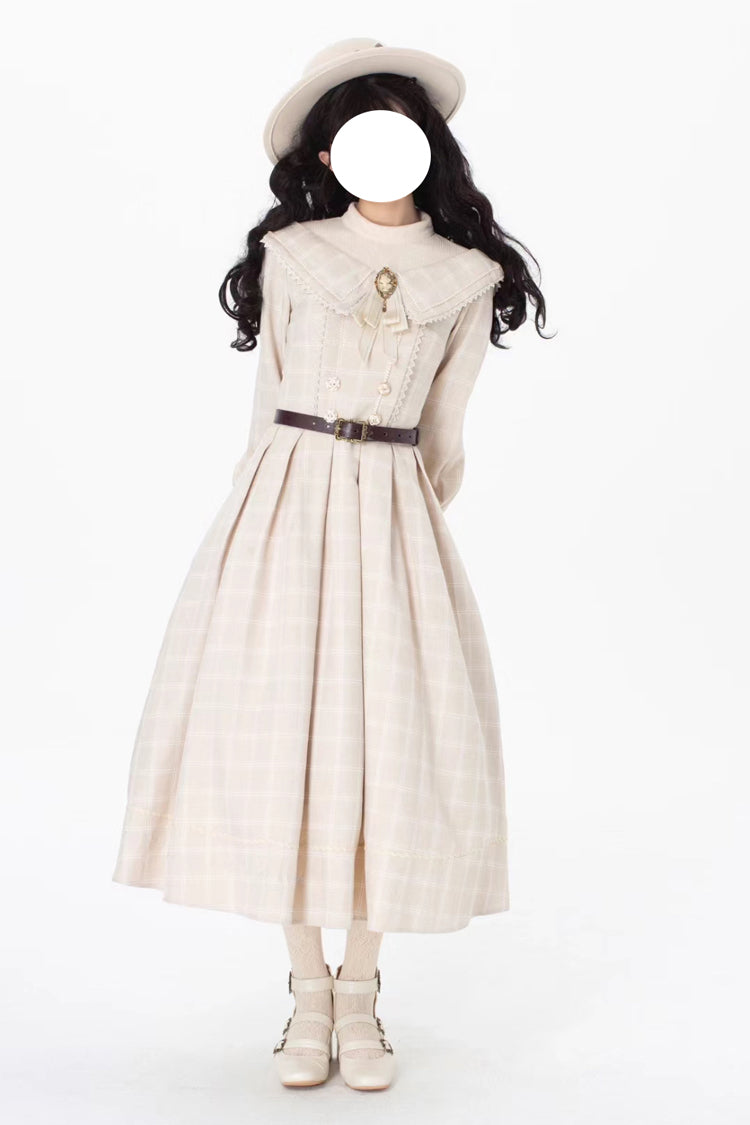 Apricot Elegant Sweet Lolita Dress with Long Sleeves Plaid Print and Bowknot Accents