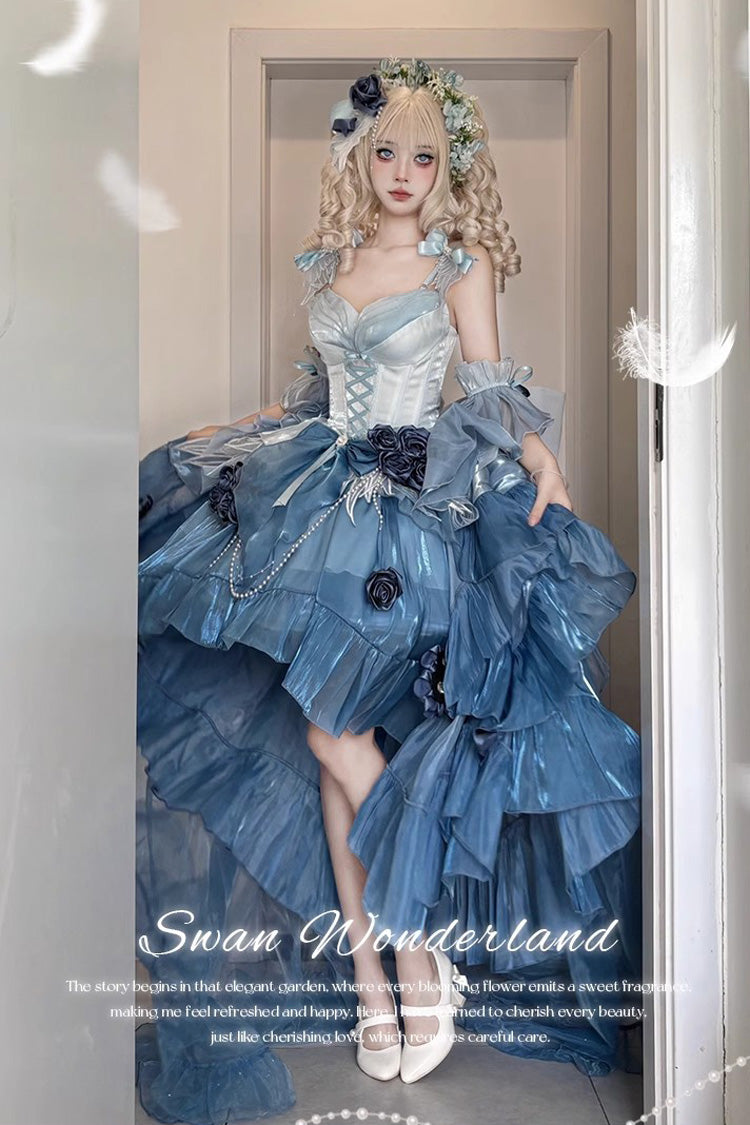 Sky Blue Swan Wonderland Embroidery Bowknot Lace-Up Irregular Ballet Jsk Dress