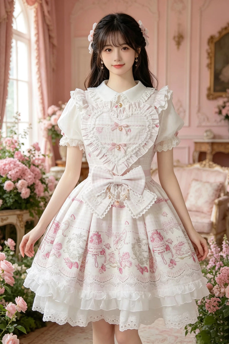 Lapel Collar Bow Print Short Sleeve Plus Size Jirai Dress in Three Colors