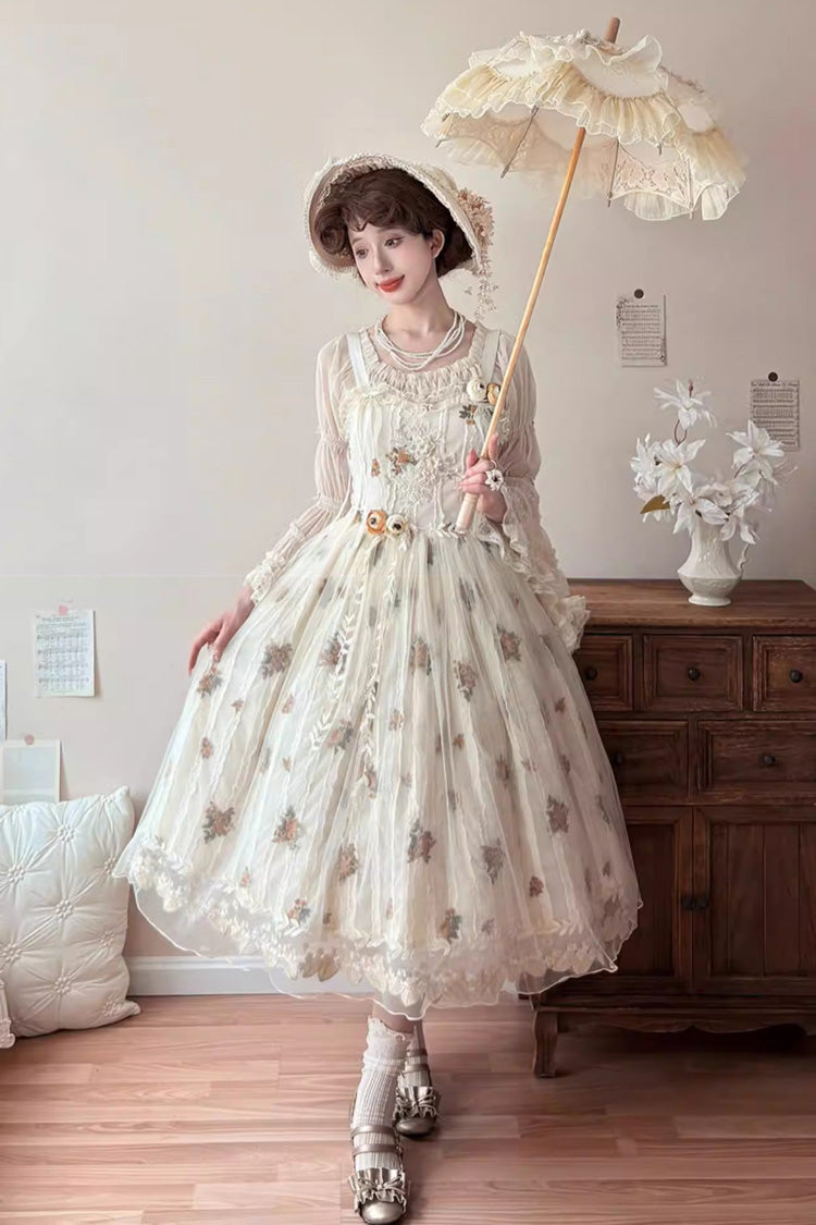 Charming Apricot Embroidered Lace Print Sweet Lolita JSK Dress