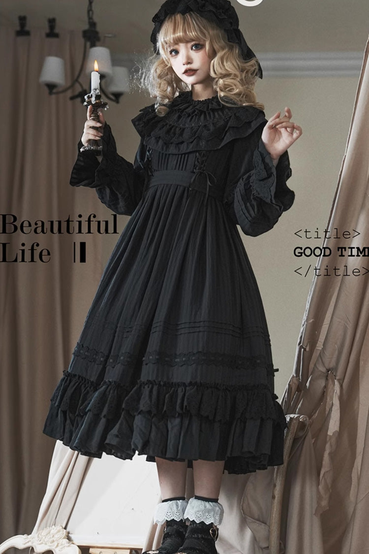 Good Night Black Long Sleeves Double-Layered Ruffle Bowknot Lace-Up Gothic Dress