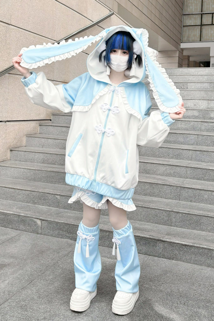 Ivory and Blue Bunny-Eared Hooded Ruffle Jacket - Jirai Style