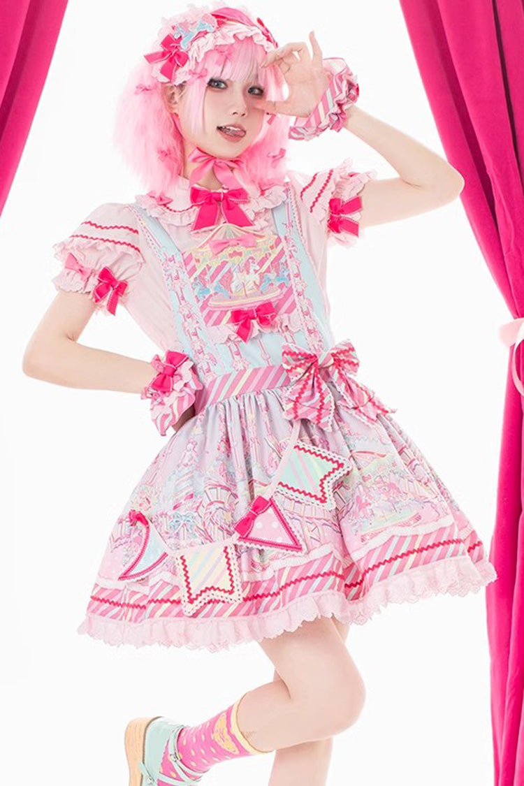 Sweet Lolita Strap Dress with Bowknot Ruffled Print in Two Hues - Candy Park