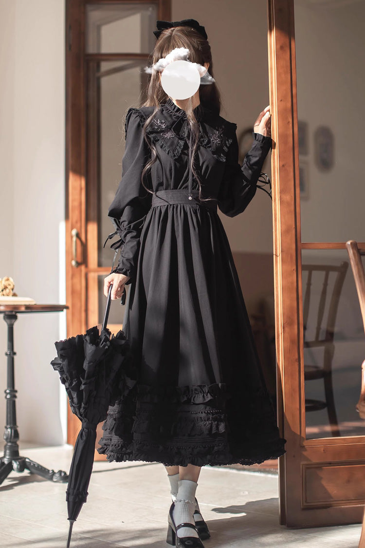 Black Long Sleeve Embroidered Bow Gothic Vintage Dress - Wind Kissed Tulips