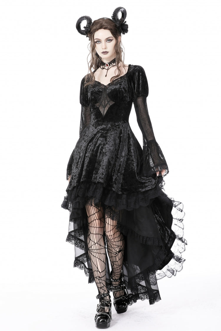 Onyx Velvet Gown with Puffed Sleeves and Asymmetric Lace Trim