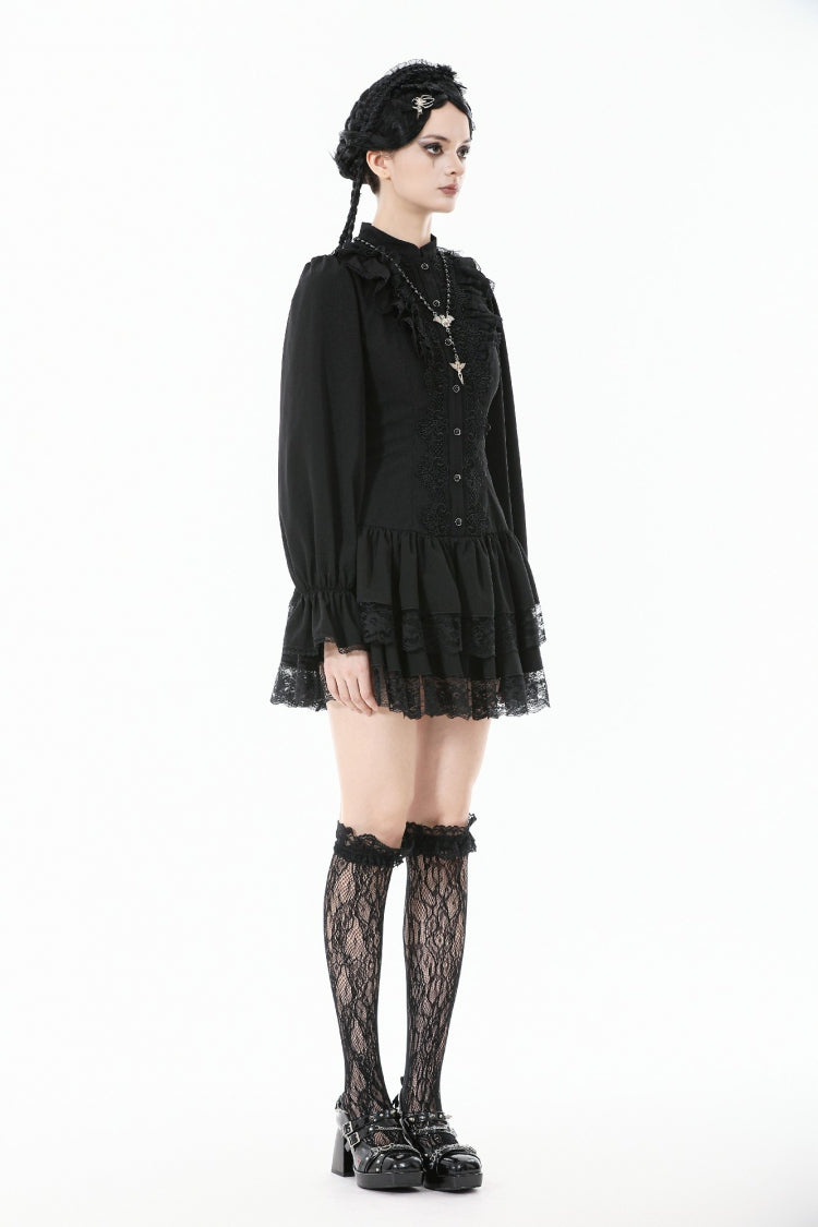 Jet-Black Lace-Up Dress with Bishop Sleeves and Layered Hem