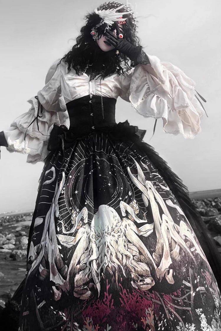 Black Reborn Ancient God Long Hime Sleeve Print Lace Gothic Lolita Skirt Set
