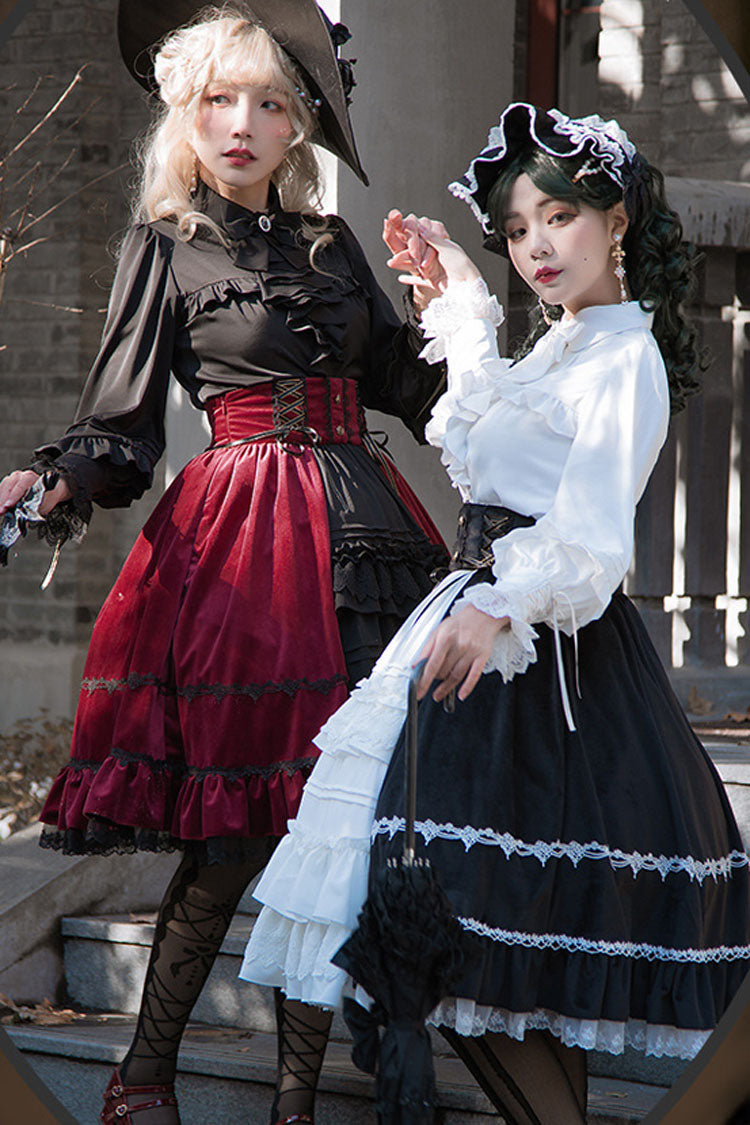 White/Black Gothic Lolita Skirt Dress Stitching Cardigan Ruffled - Altfashion Shop
