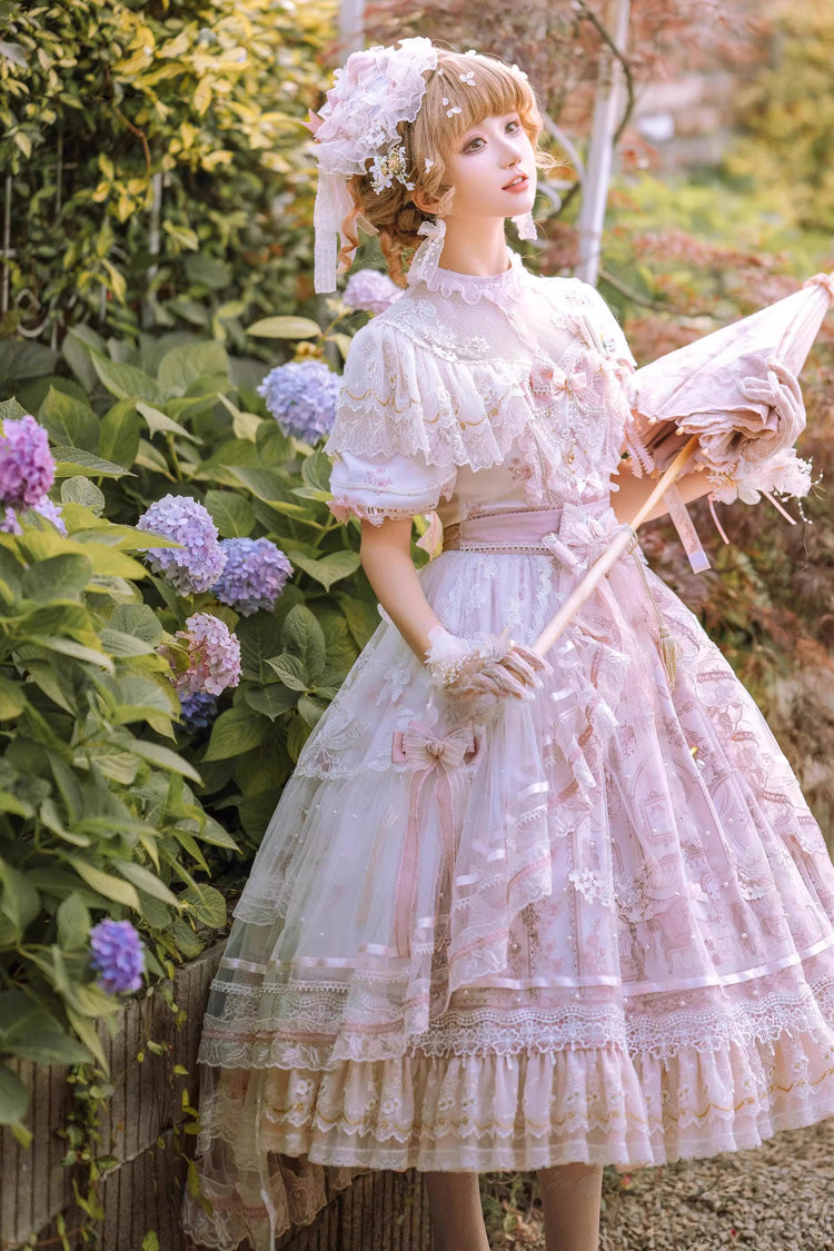 Ivory and Pink Sunset Realm Short Sleeve Printed Ruffled Hanayome Bow Lace Gorgeous Sweet Lolita Dress Set