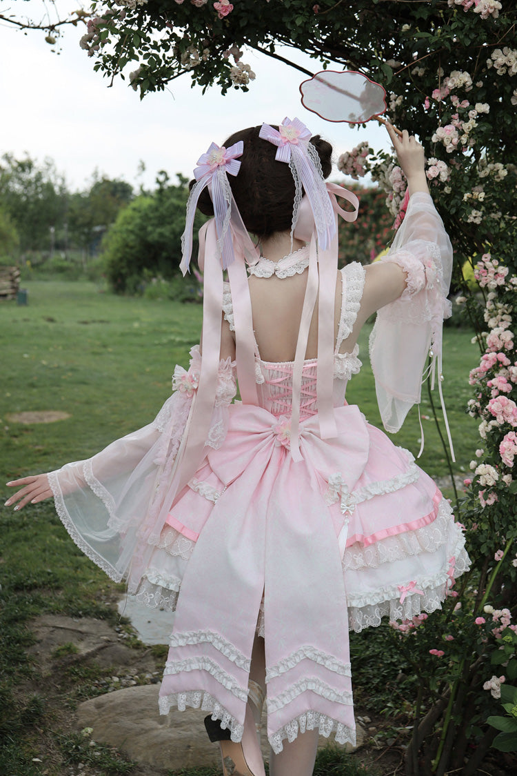 Pink Prelude of Spring Cherry Square Collar Sleeveless Jacquard Lace JSK