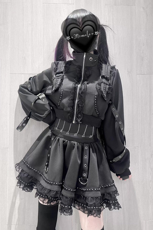 Black Gothic Ruffle Lace Zip Skirt Ensemble Jirai Kei