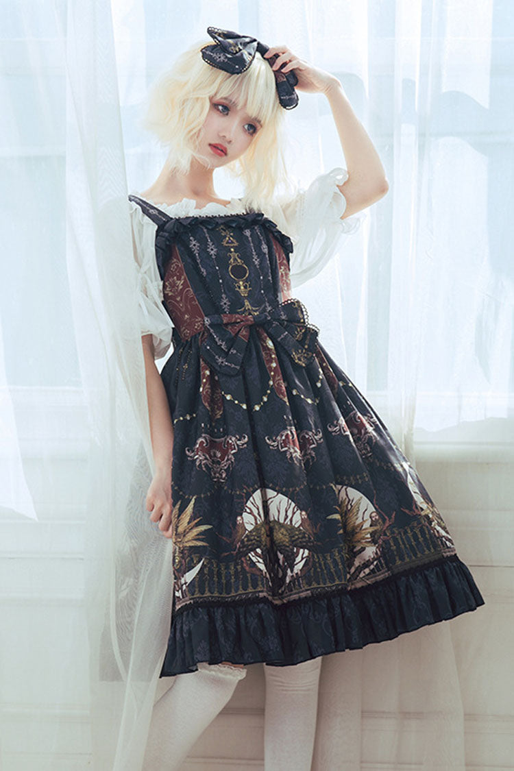 Navy Bowknot Altar Monthly Print Ruffled Classic Lolita Suspender Dress