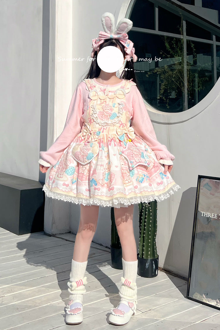 Kawaii Bears Printed Yellow Bow Stitching Lace Sweet Lolita Strap Dress - Miss Brown