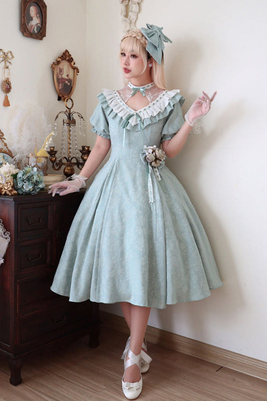 Green Short Sleeve Ruffle Bowknot Sweet Princess Dress