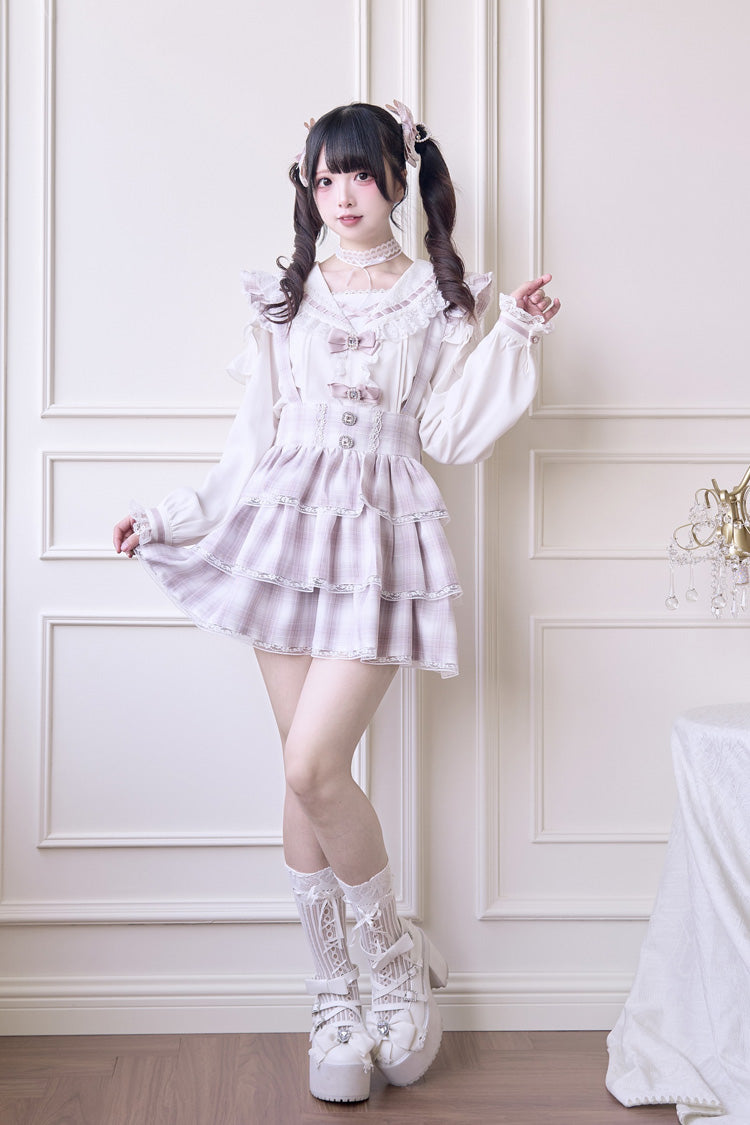 Blush Three-Layer Plaid Print Ruffle Sweet Jirai Kei Japanese Strap Dress