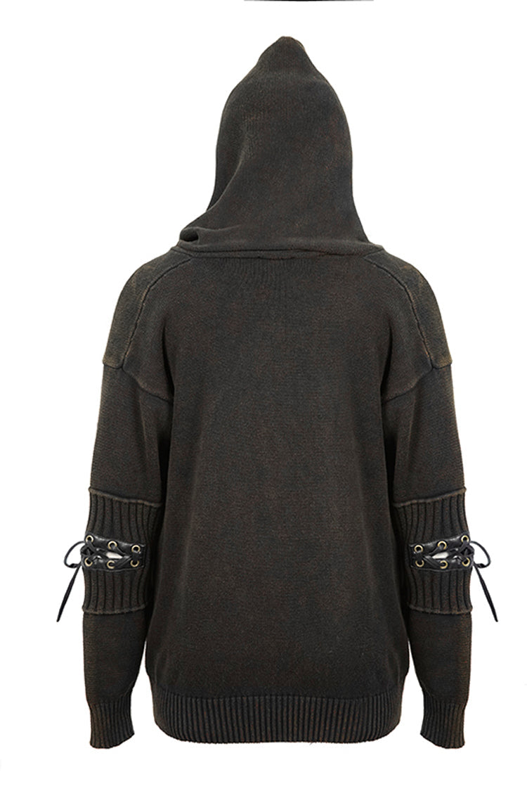 Worn-Out Elbow Leather Strip Lace-Up Hooded Coarse Knit Punk Sweater