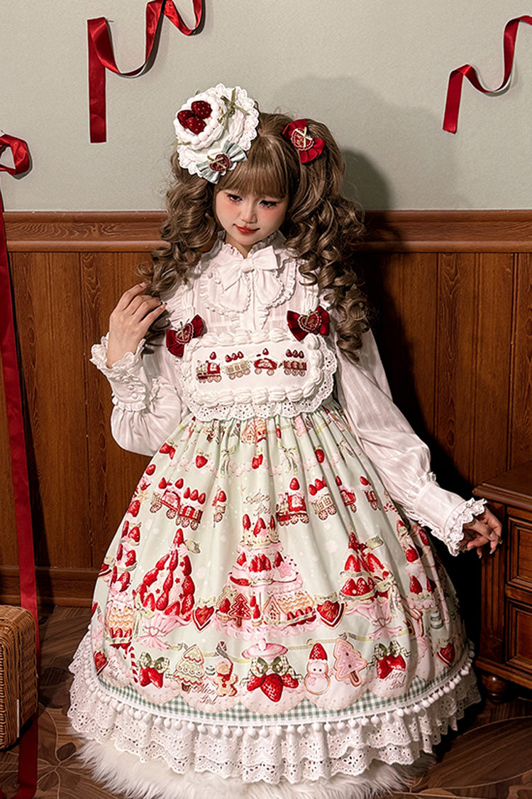 Mint Strawberry Dessert Printed High-Waisted Sweet Lolita JSK Dress - Ruffled