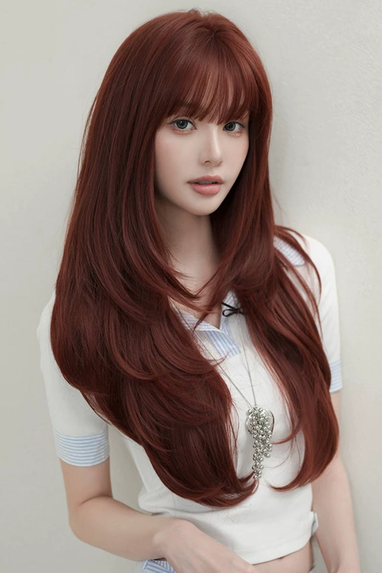 Smoky Reddish Brown Full Air Bangs Butterfly Cut Sweet Lolita Wig