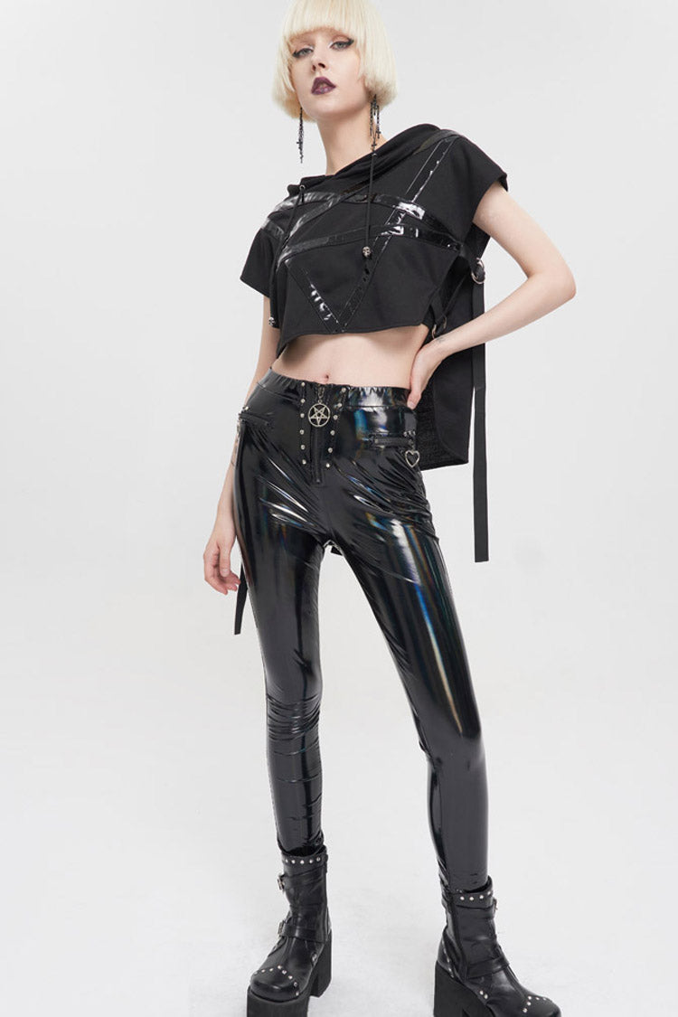 Punk Hoodie Tee with Pentagram Print and Leather Accents