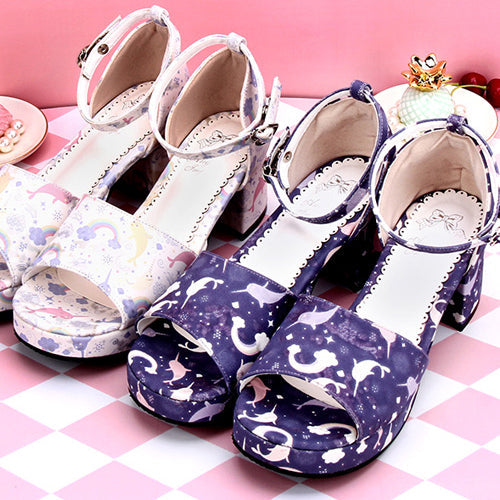 Fish Print Lolita Sandals with Round Toe, Cute Design