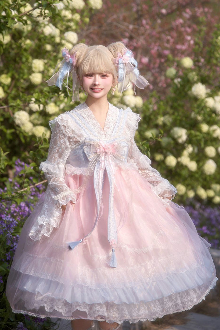 Peach Blossoms in Spring Fields Sweet Chinese Lolita JSK with Ruffles