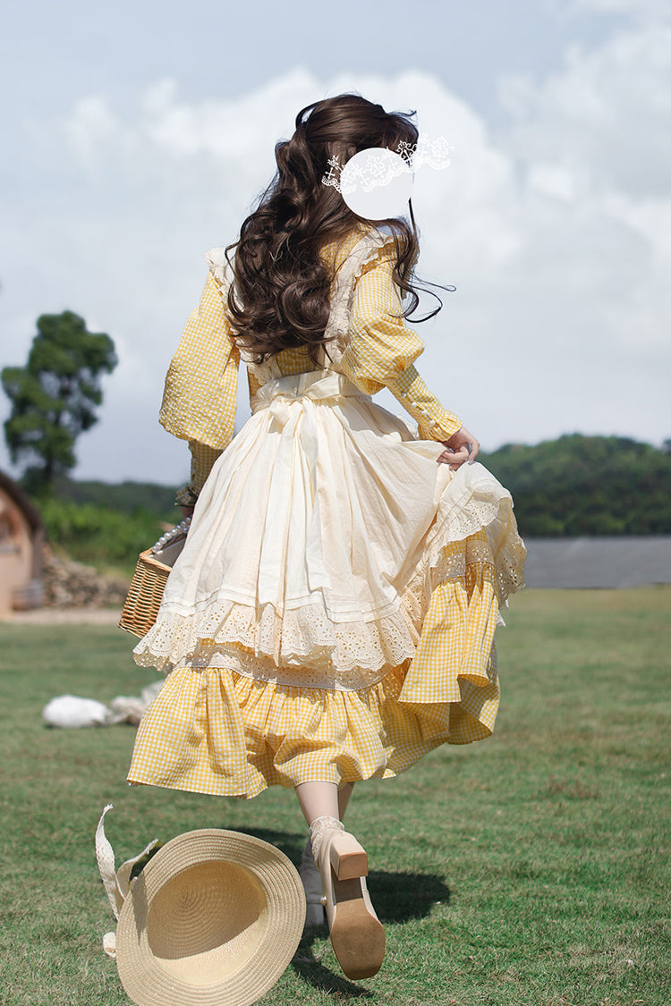 Yellow Long Sleeve Print Dress with Lace-Up and Ruffles