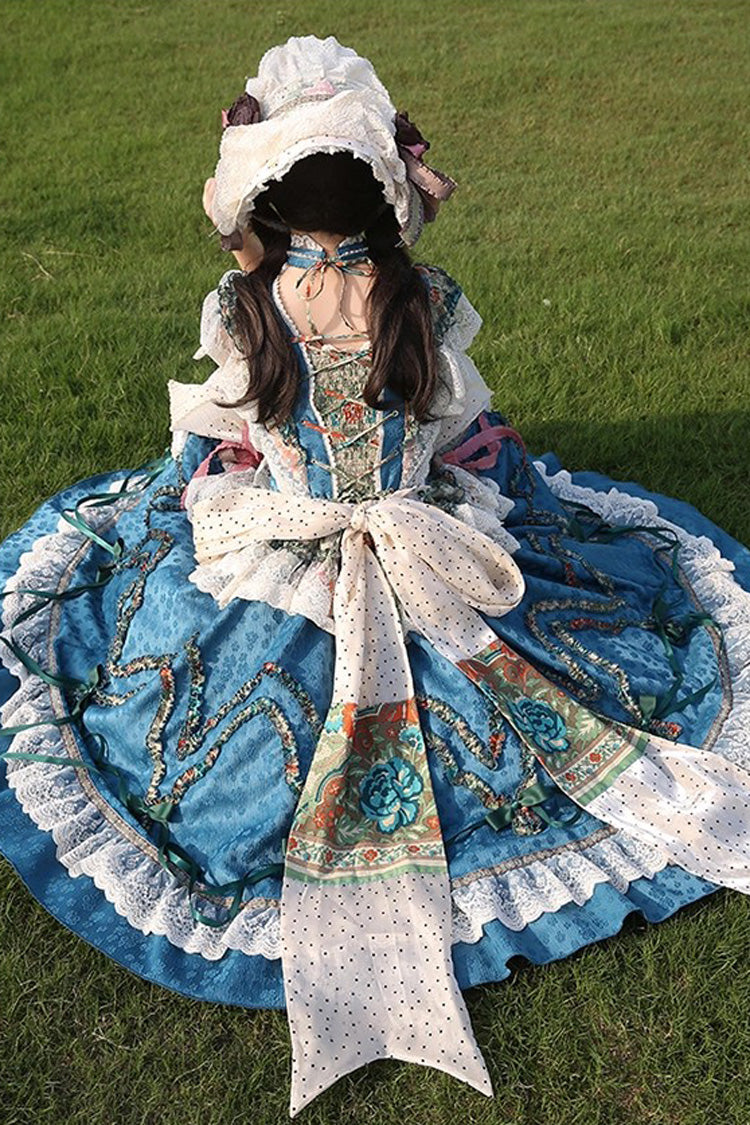 Blue Lake Monet Sleeveless High Waist Print Ruffle Cardigan Bow Lace-Up Vintage Elegant Princess Jumper