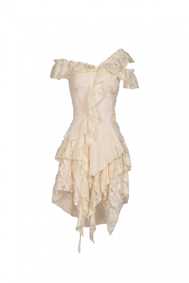 Beige Irregular Multi-Layer Ruffled Lace Steampunk Vintage Dress