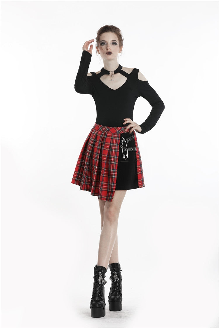 Crimson Plaid Pleated Punk Hem Skirt