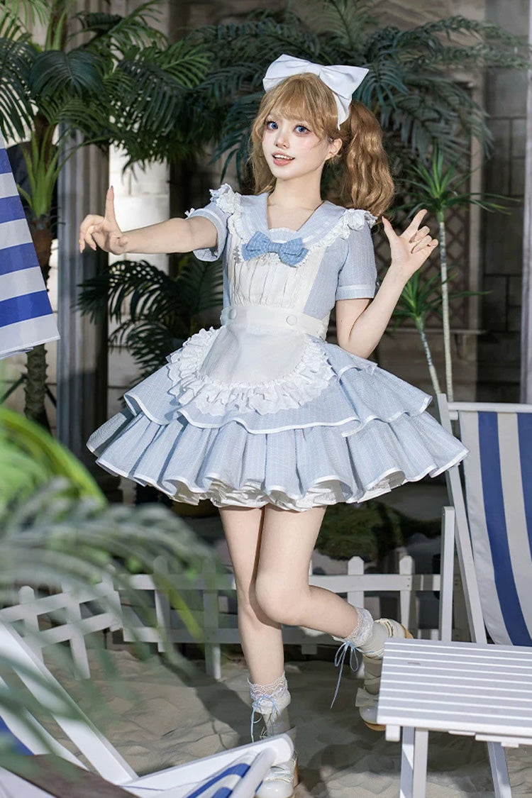 Sweet Lolita Dress with Printed Ruffled Bow and Navy Collar - Blue