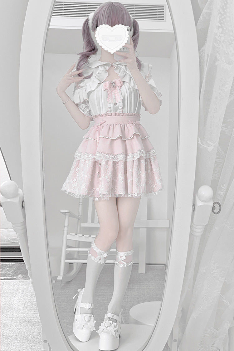 Pale Pink & White Short-Sleeve Triple Ruffled Bow Lace Jirai Kei Skirt Ensemble