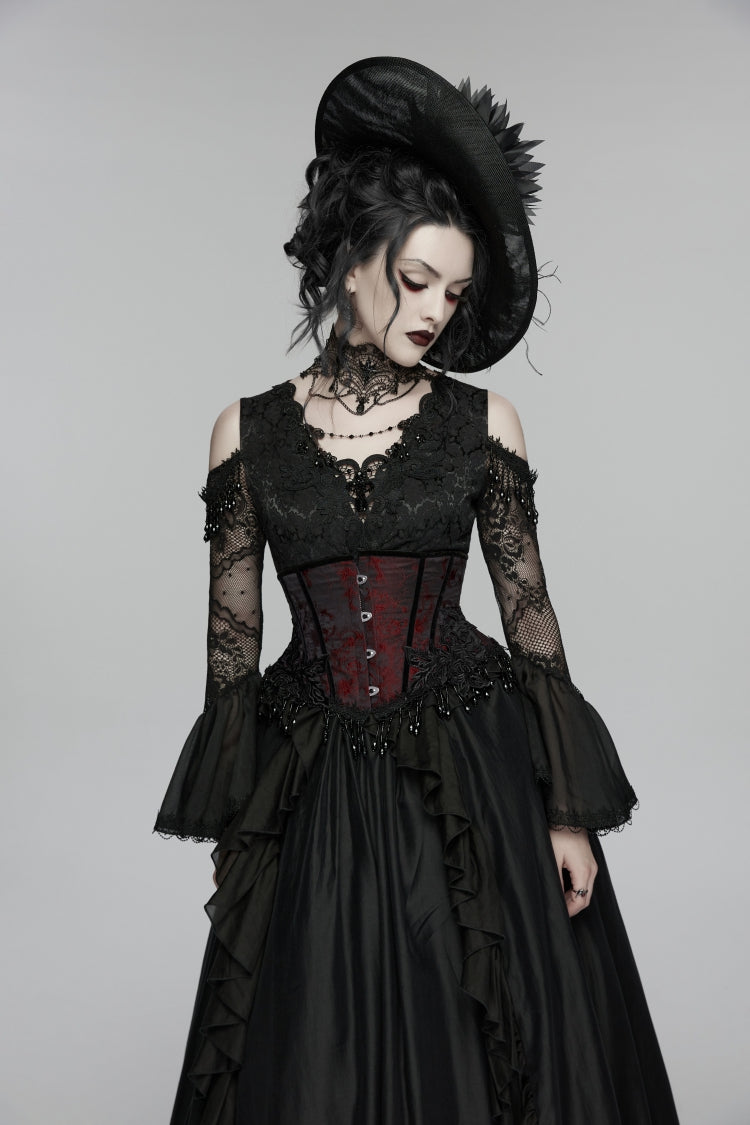 Crimson & Noir Tassel Accent Lace-Up Corset Top with Jacquard Weave