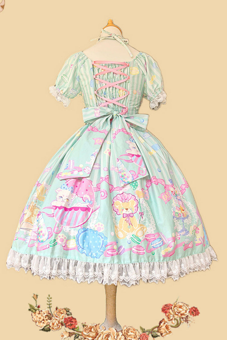 Green Square Collar Lantern Sleeve Sweet Lolita Dress with Bow Print - Macarons Dolly House