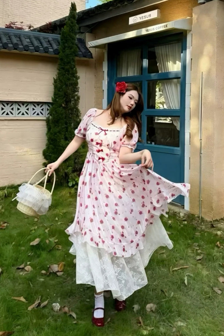 Rose-Printed Square-Collar Ruffled High-Waist Sweet Jumper Dress in Blush Pink