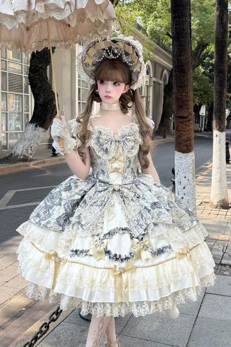 Elegant Square Neck Sleeveless Embroidered Lace Sweet JSK Dress - Gilded Waltz