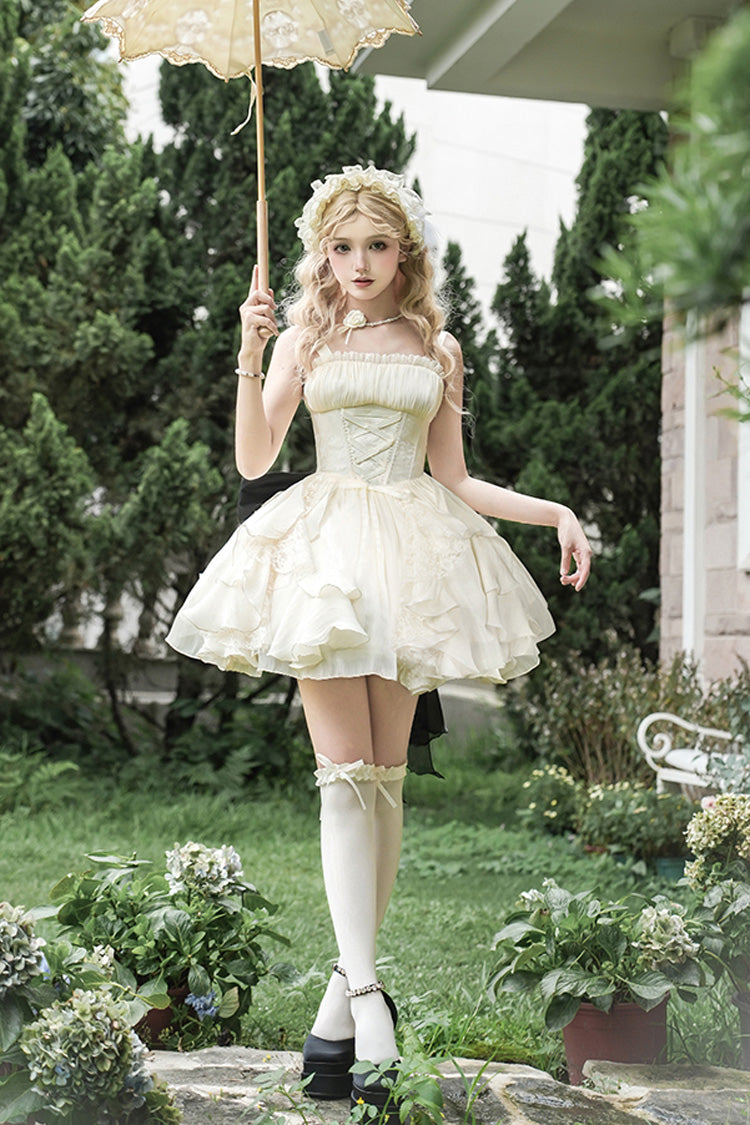 Cream Moonlight Variations Sleeveless Lace-Up Frilled Sweet Lolita Short JSK Dress