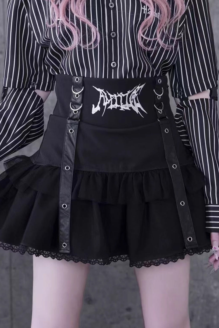 Black High Waisted Ruffle Embroidery Gothic Jirai Kei Japanese Mini