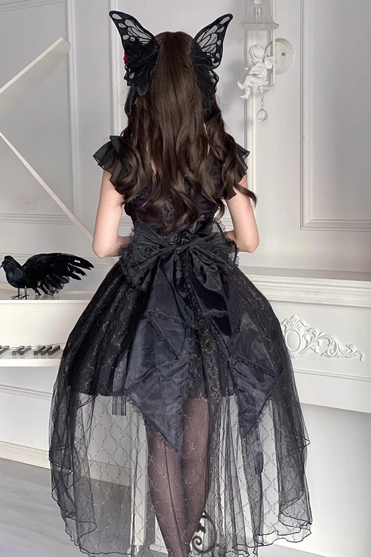 Black Short Sleeved Ruffled Rose Gothic Tiered Dress with Bow
