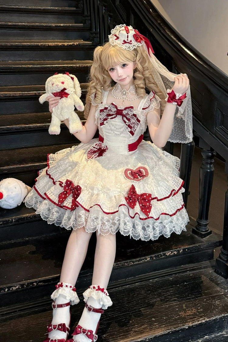 Ivory Polka Dot Love Letter Sleeveless Double Bow Pearl Accent Lolita JSK
