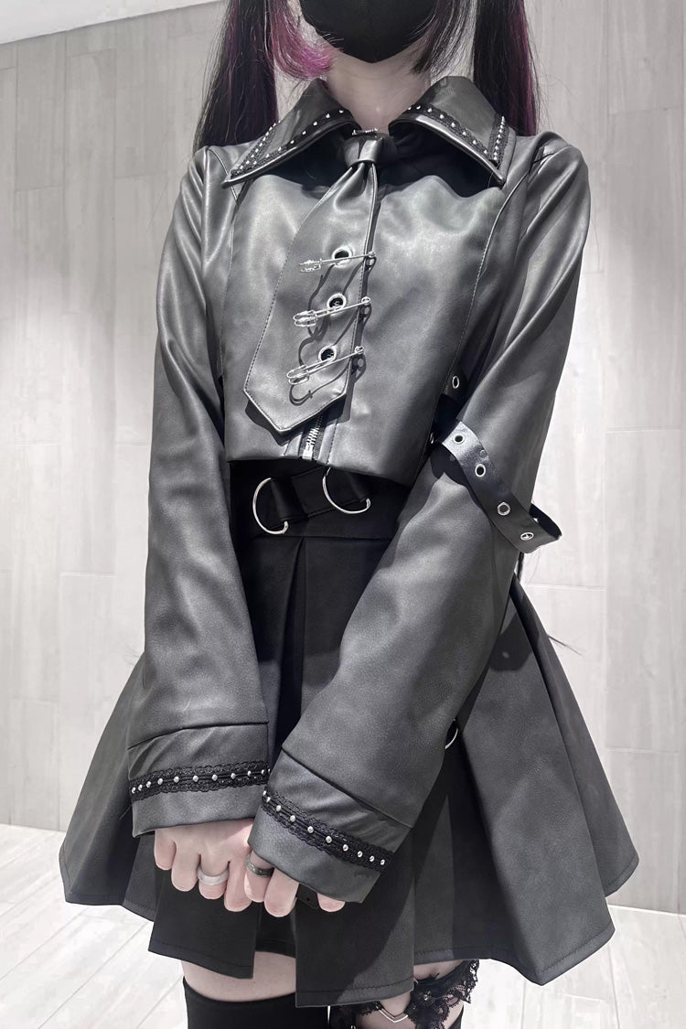 Eternal Night Lapel Collar Studded Eyelet Gothic Handsome Top Skirt Set