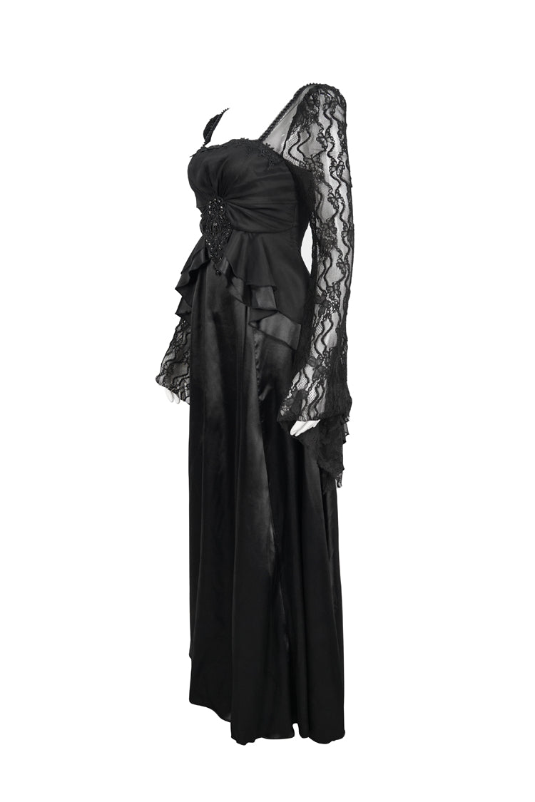 Gothic Pointed Long-Sleeve Back-Zip Satin Floor-Length Black Lace Formal Gown