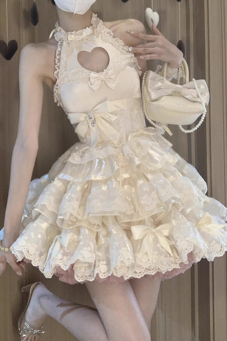 Apricot Sweet Ballet Lolita Dress with Heart Shape Hollow and Bowknot