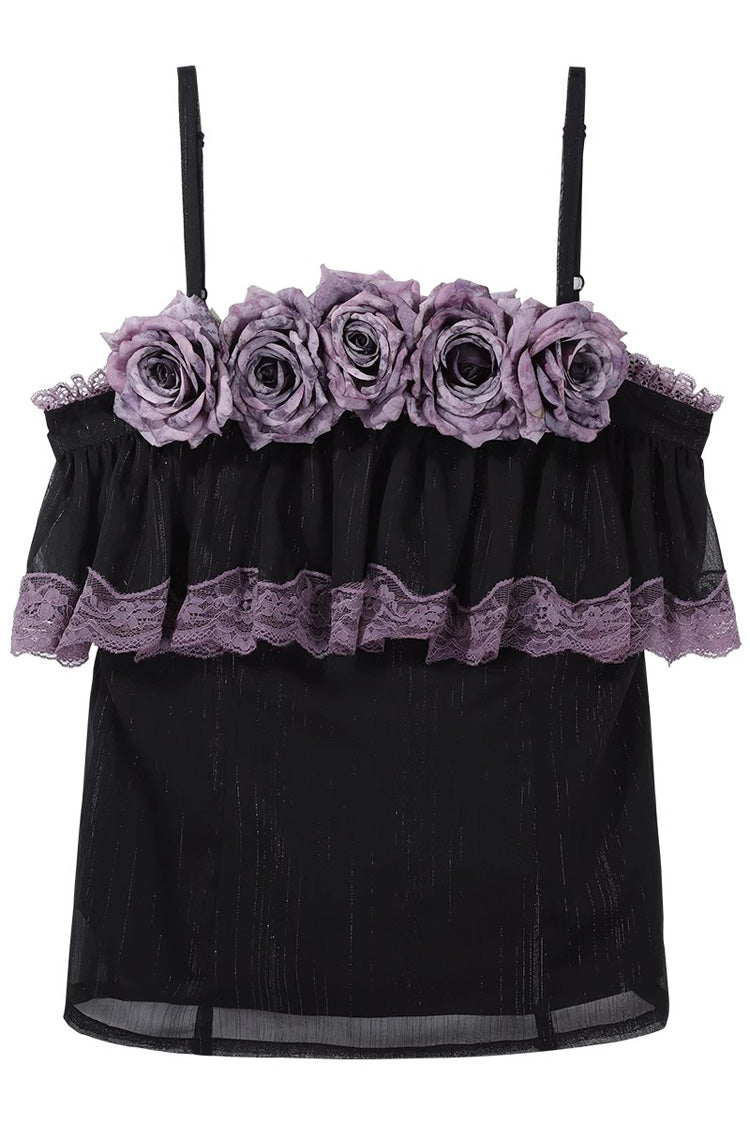 Angel Garden Black Purple Sleeveless Print Ruffle Bowknot Lace Sweet Gothic Skirt Set