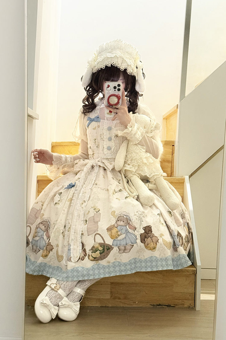 Cream Midsummer Bunny Bear Printed Bow Frilled Sweet Lolita Dress Two Variants