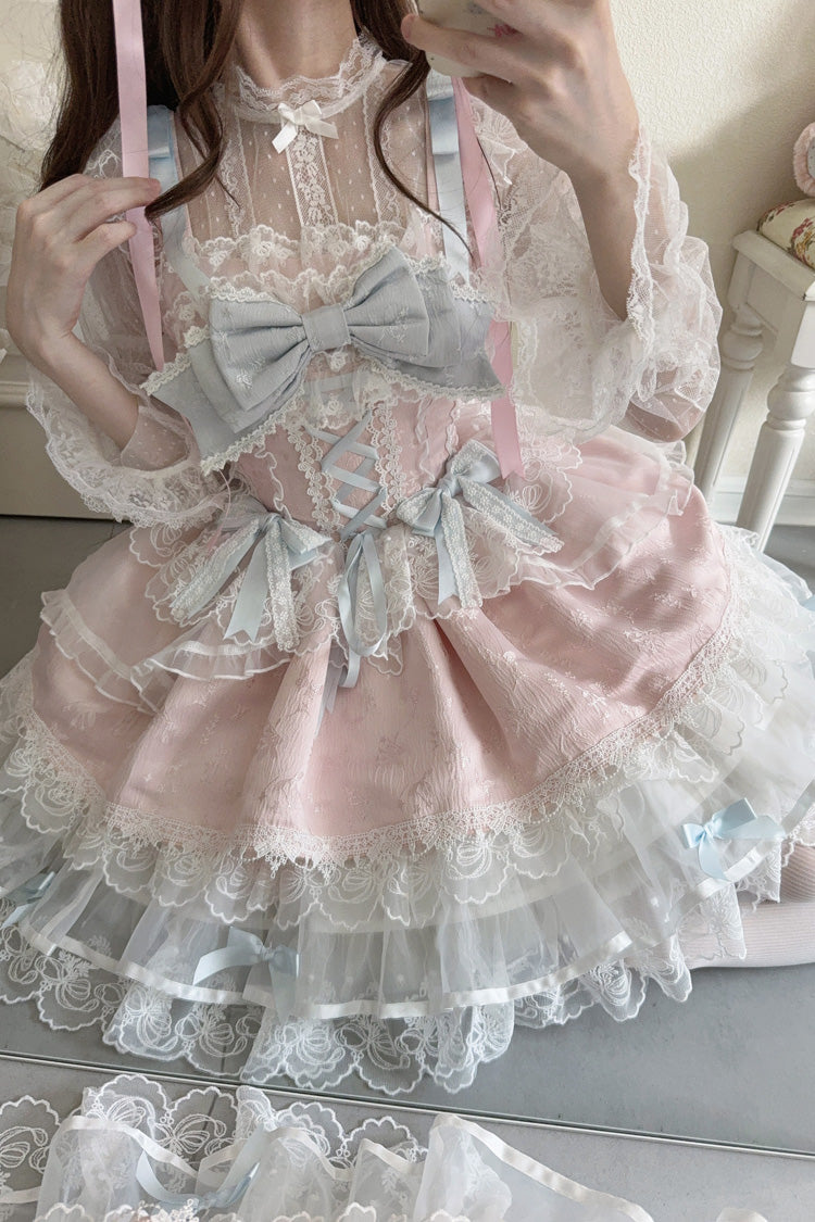 Pink Sweet Ballet Lace Ruffle Sleeveless Bowknot Jsk Dress - Fleishi Island