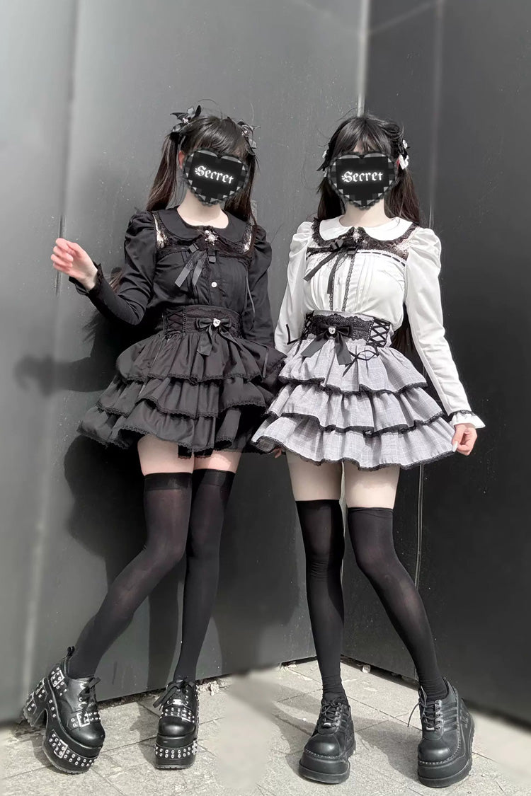 Doll Collar Triple Layered Ruffled Bow Lace Jirai Skirt and Blouse Set in Two Colors