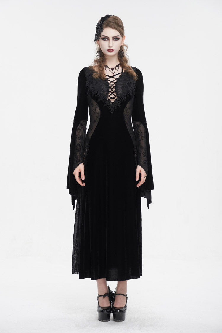 Onyx Velvet Mesh Panel Gothic Maxi Dress for Women