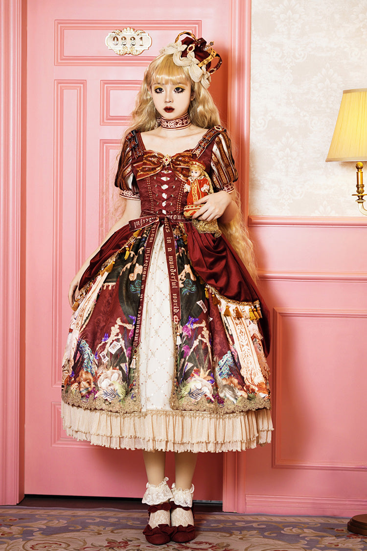 Red Kaleidoscope of Dreams Double-Layer Print Embroidery Bow Lace-Up Classic Vintage Gorgeous Lolita