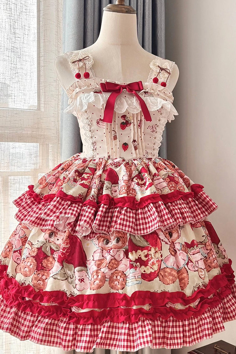 Sleeveless Double-Layered Print Ruffle Sweet Princess Lolita Jsk Red